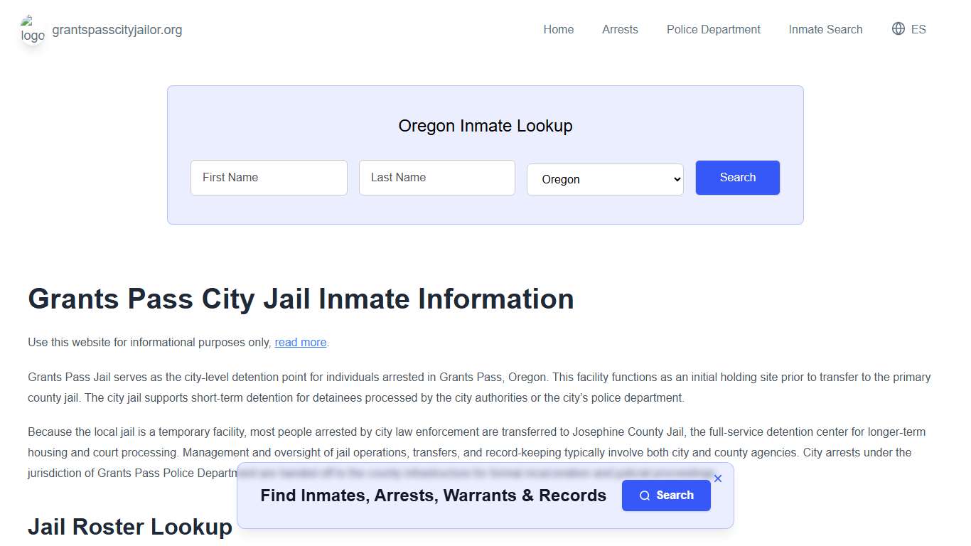 Grants Pass Jail, OR Inmate Roster, Municipal Jail Info